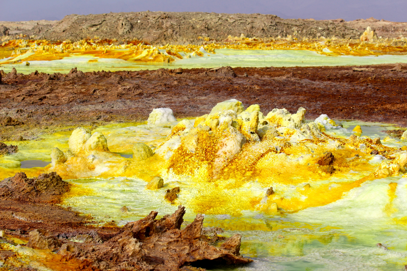 A portion of the hydrothermal system at the Danakil Depression. Copper salts color the water green. Image: Felipe Gomez/Europlanet 2020 RI